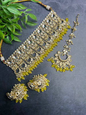 Kundan Choker With Jhumkis + Tikka - Yellow, Sage Green & Pink