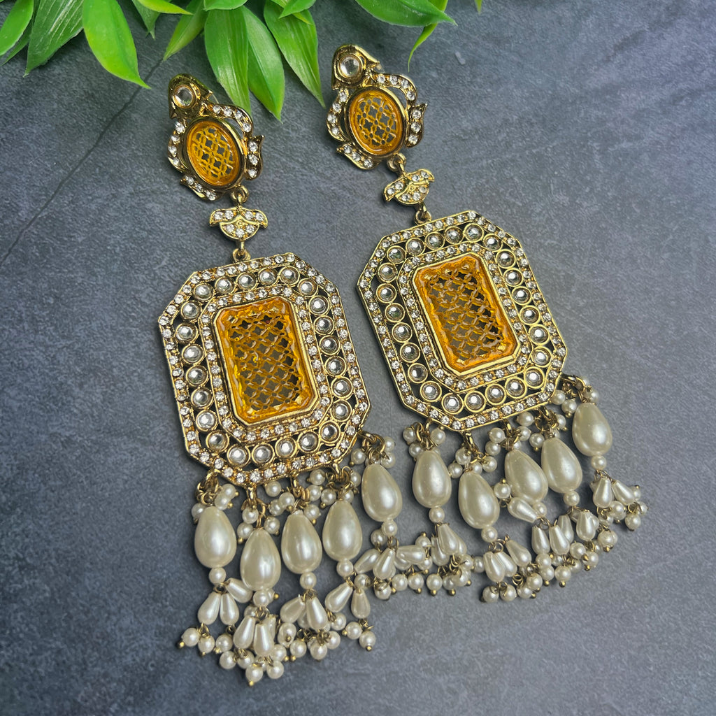 Long Statement Earrings - Mustard Yellow & Purple
