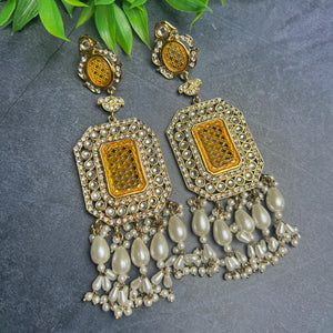 Long Statement Earrings - Mustard Yellow & Purple