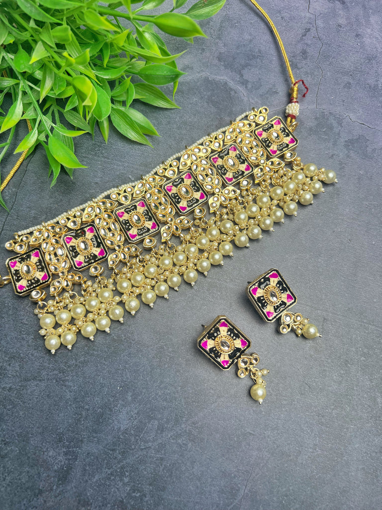 Black & Hot Pink Meenakari Choker Set
