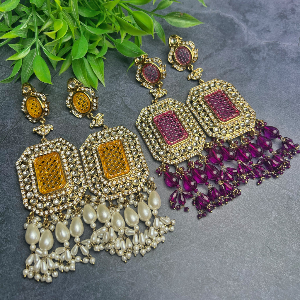 Long Statement Earrings - Mustard Yellow & Purple