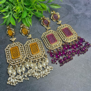 Long Statement Earrings - Mustard Yellow & Purple