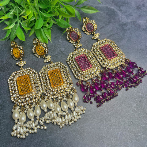Image of Long Statement Earrings - Mustard Yellow & Purple