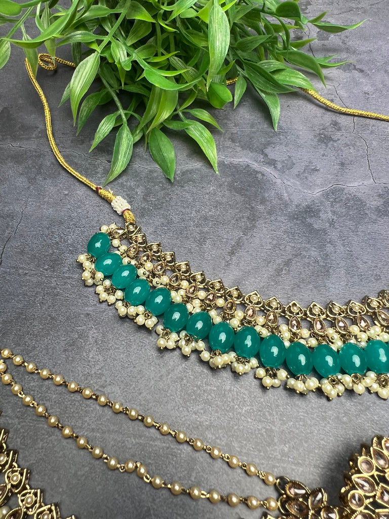 Teal Choker Set With Sahara Jhumkis