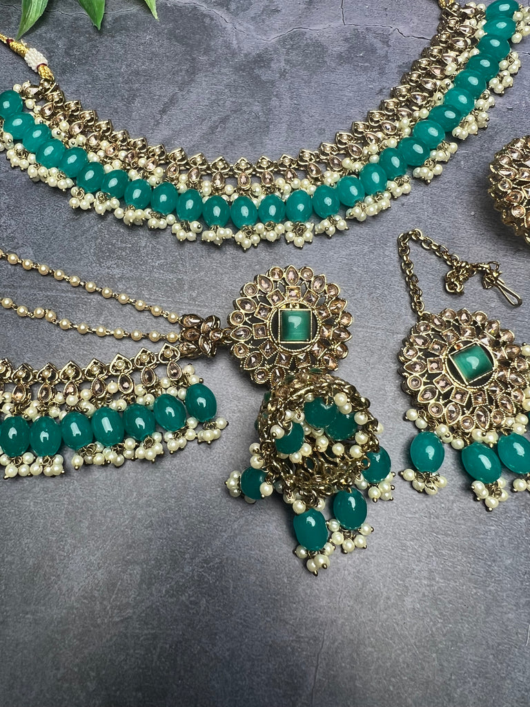 Teal Choker Set With Sahara Jhumkis