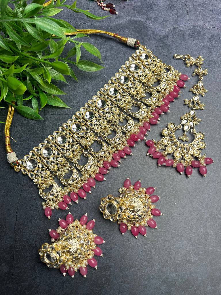 Kundan Choker With Jhumkis + Tikka - Yellow, Sage Green & Pink