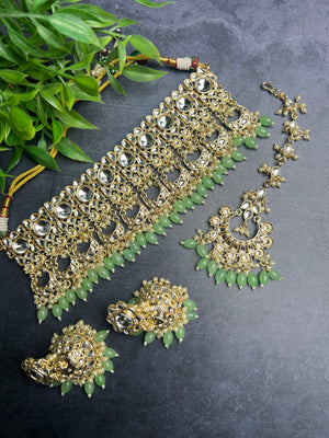 Kundan Choker With Jhumkis + Tikka - Yellow, Sage Green & Pink