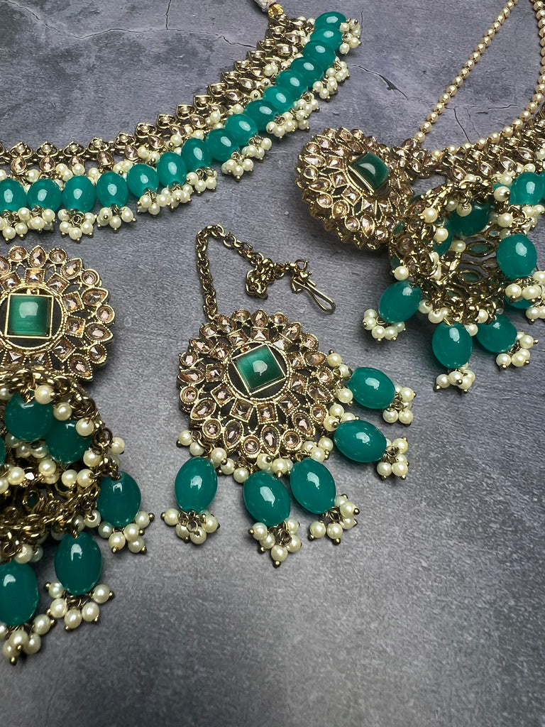Teal Choker Set With Sahara Jhumkis