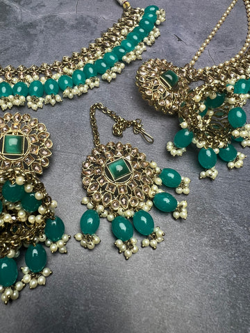 Image of Teal Choker Set With Sahara Jhumkis