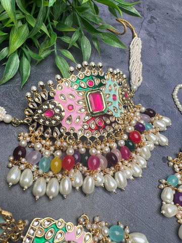 Image of Multi Colour Pachi Kundan Choker Set