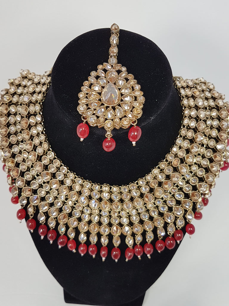 Bridal Polki Set With Maroon Pearls