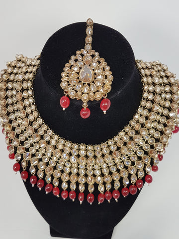 Image of Bridal Polki Set With Maroon Pearls