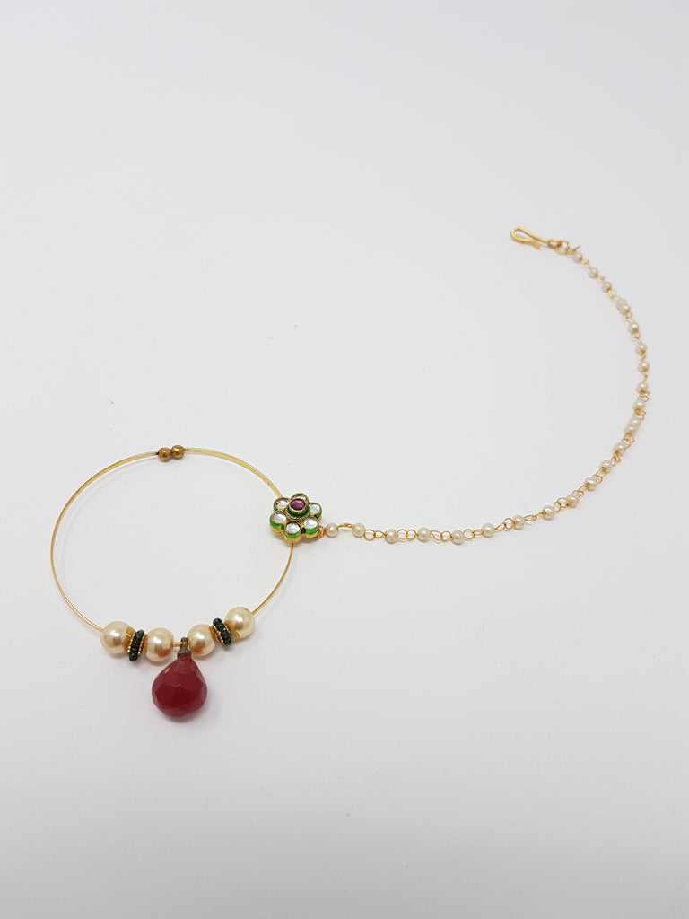 Large Lightweight Pearl Red and Green Clip-on Nath