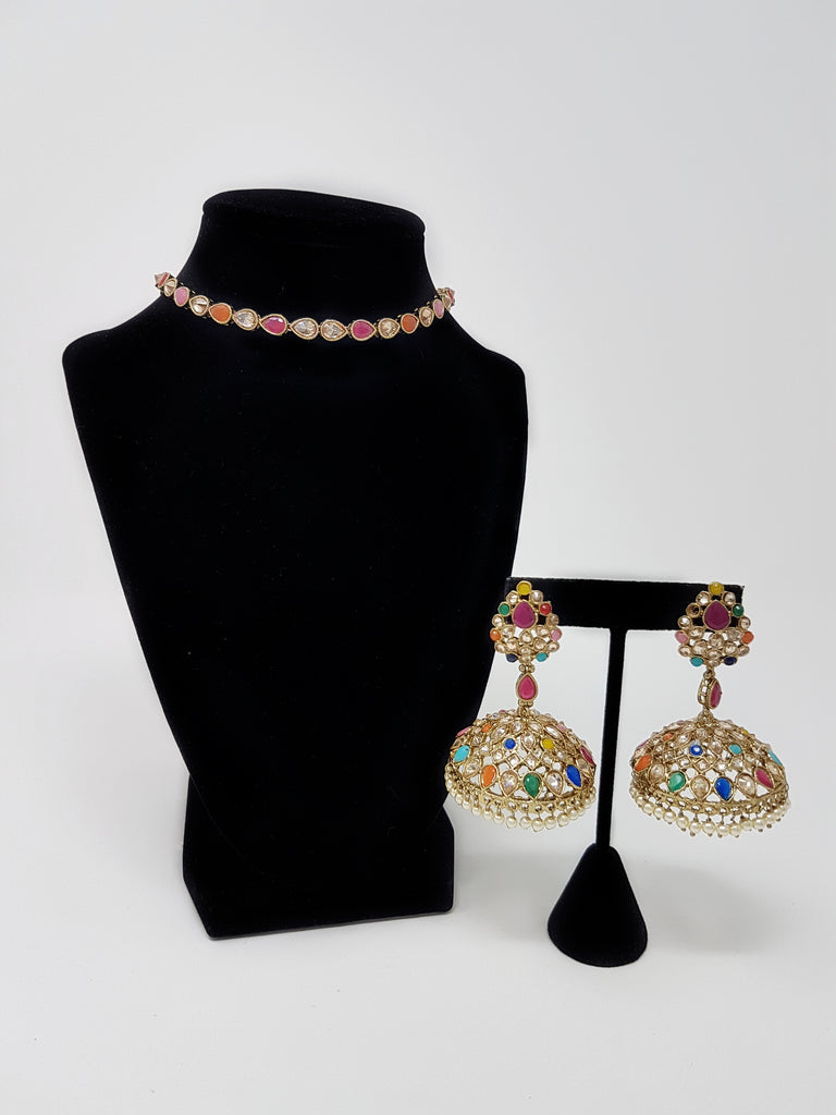 Multi-colour Polki Choker With Jhumke