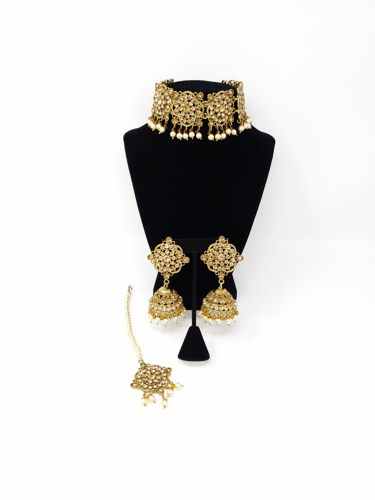 Intricate Stone Collar Choker Set - Gold, Green & Maroon