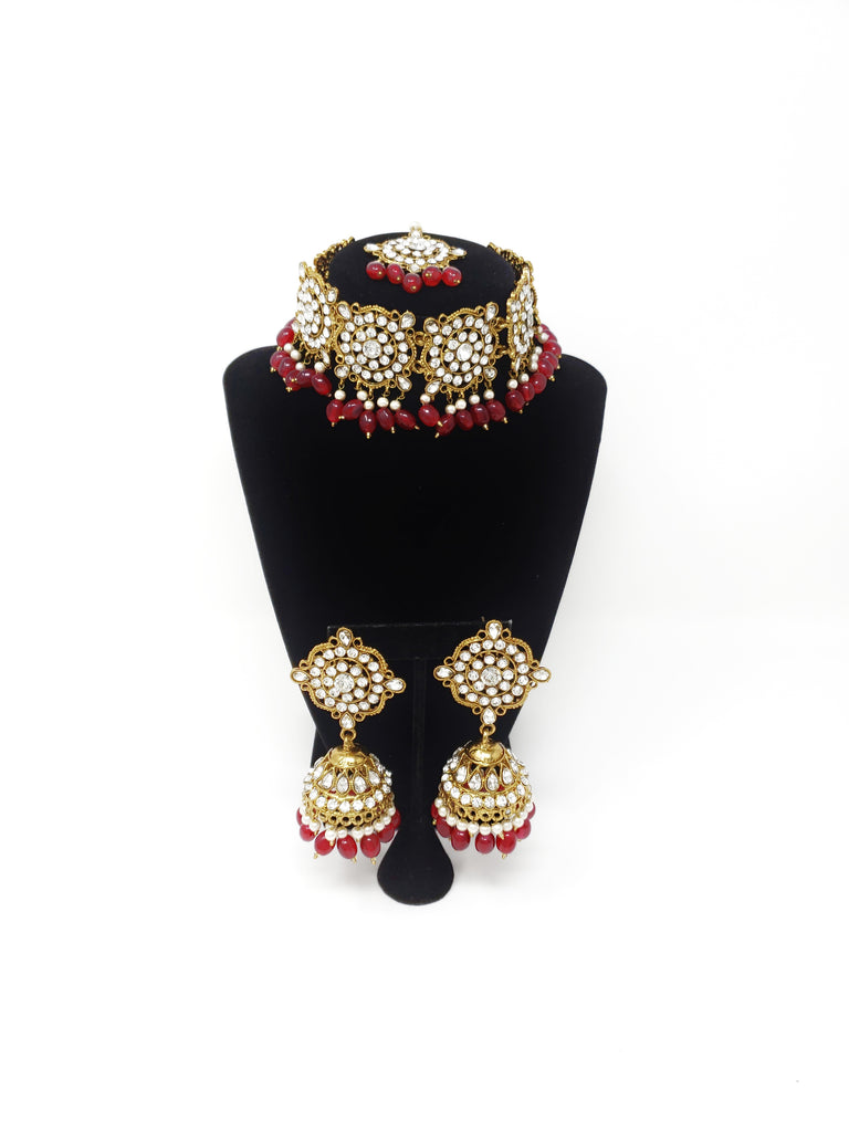 Intricate Stone Collar Choker Set - Gold, Green & Maroon
