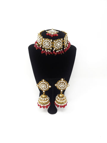 Image of Intricate Stone Collar Choker Set - Gold, Green & Maroon