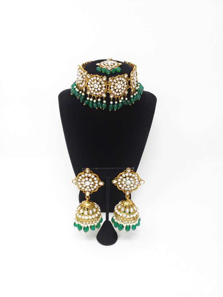 Intricate Stone Collar Choker Set - Gold, Green & Maroon