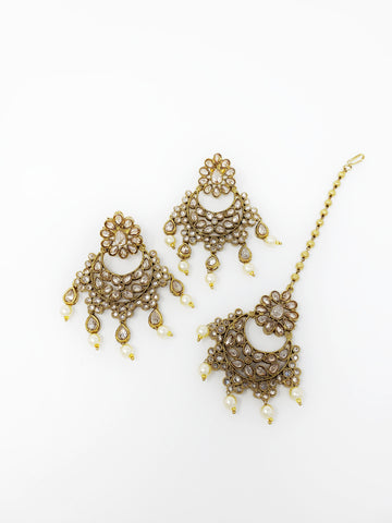 Image of Antique Chandbali Polki Earring Tikka Set