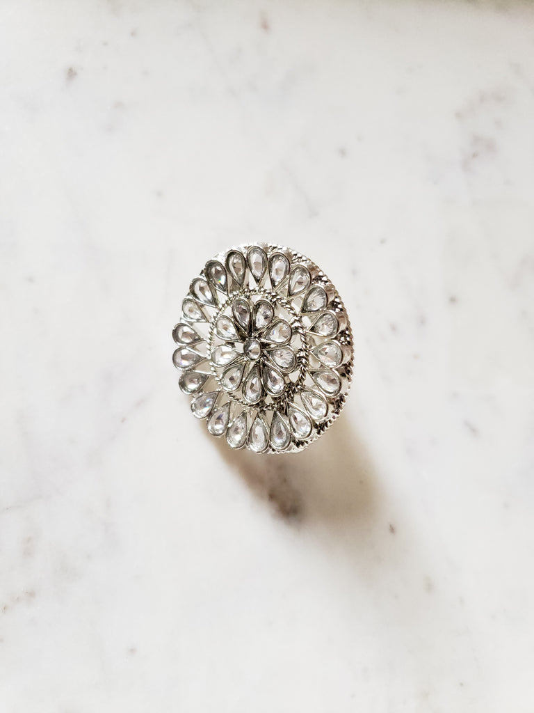 Silver Stoned Adjustable Polki Ring