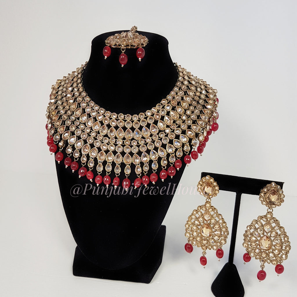 Bridal Polki Set With Maroon Pearls