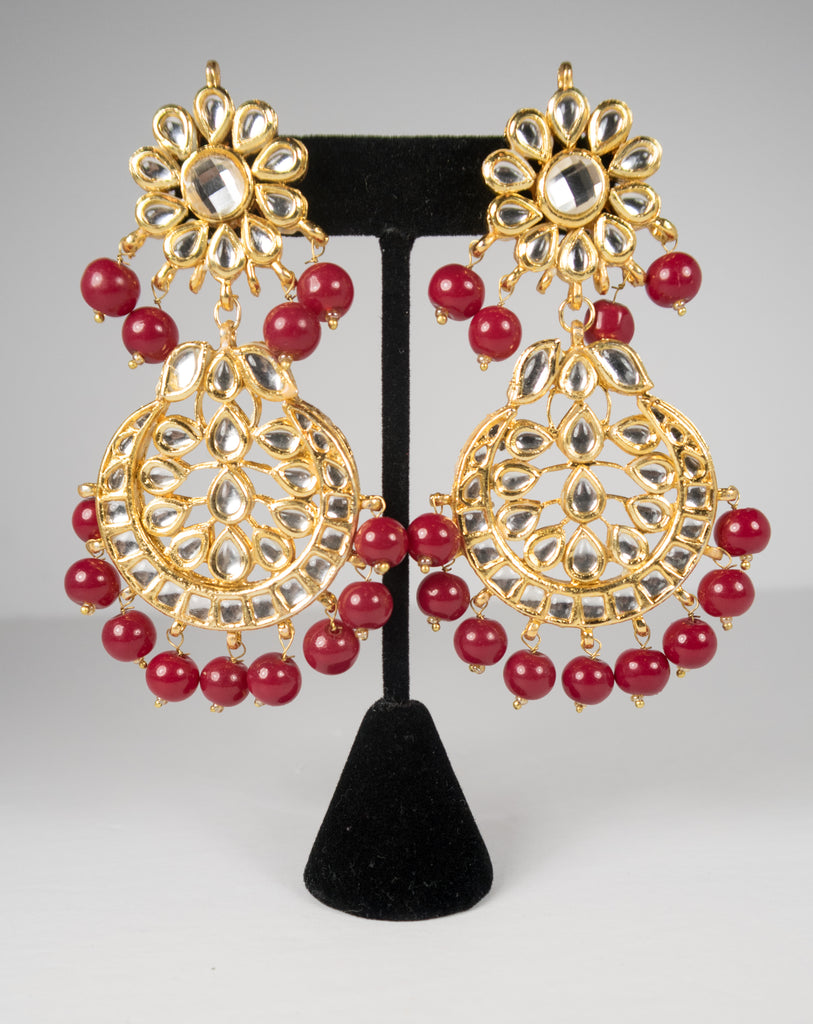 Maroon & Gold Long Kundan Earrings (2Pc)