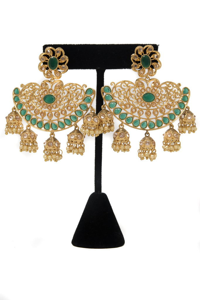 Green Chandbali Jhumki Earrings