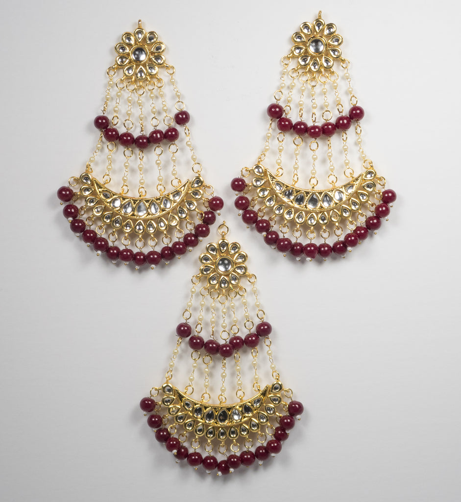 Gold & Maroon Oversized Passa Set Earring Tikka (3Pc)