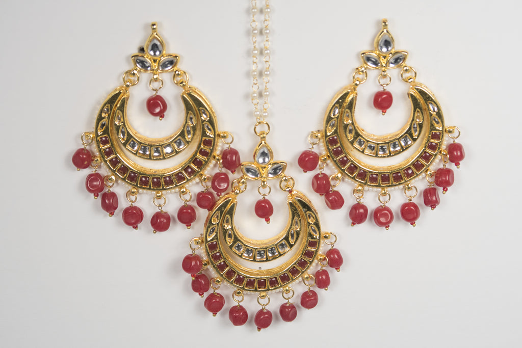 Red Chandbali Set Earring & Tikka (3Pc)