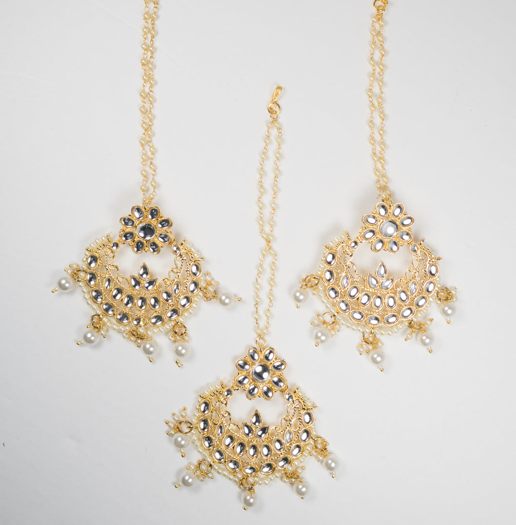 Gold Kundan Set With Pearls Earring & Tikka (3Pc)