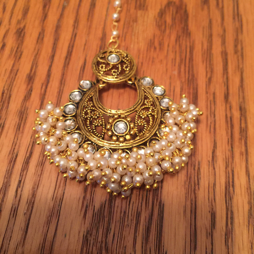 Gold Clustered Pearl Set Earring & Tikka (3Pc)