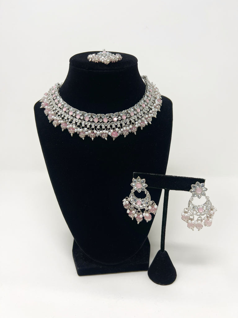 Baby Pink Silver Polki Choker Set