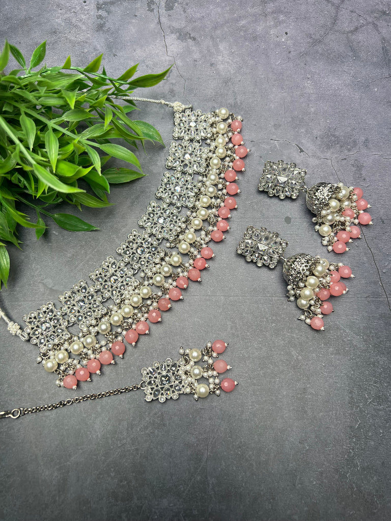 Pink and Silver Polki Choker Set