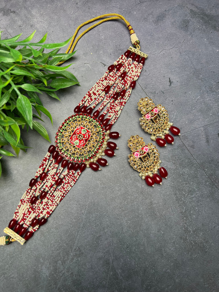 Maroon Collar Stone Choker Set