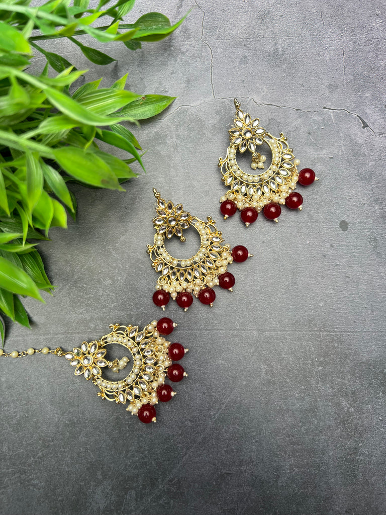 Red Kundan Earring + Tikka Set