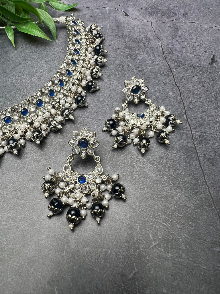 Blue And Silver Polki Choker Set