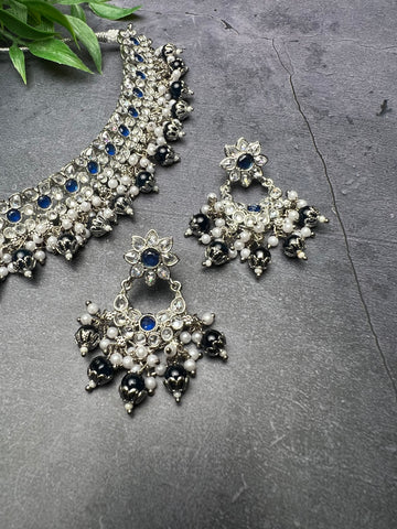 Image of Blue And Silver Polki Choker Set