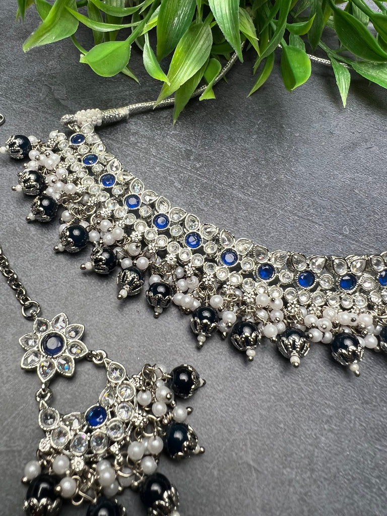 Blue And Silver Polki Choker Set