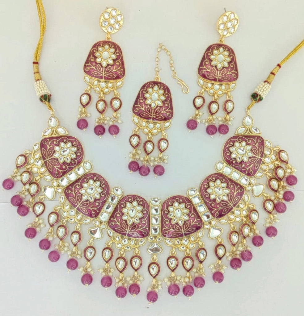 Purple Kundan Meenakari Necklace Set