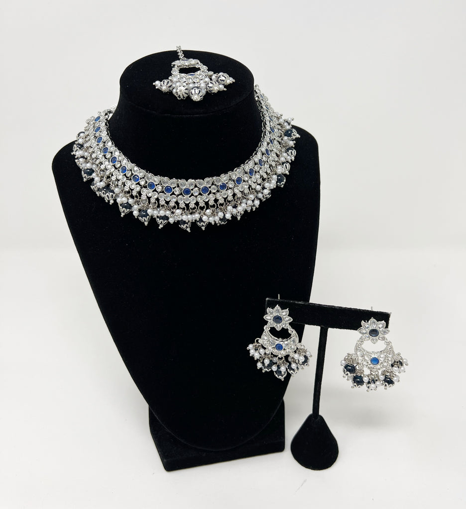 Blue And Silver Polki Choker Set