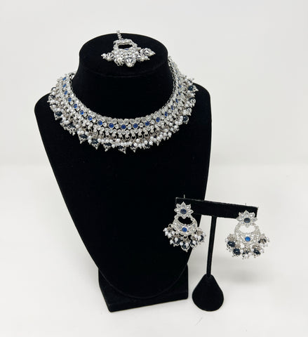 Image of Blue And Silver Polki Choker Set