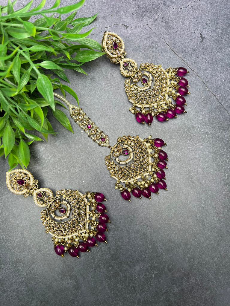 Purple Polki Earring Tikka Set
