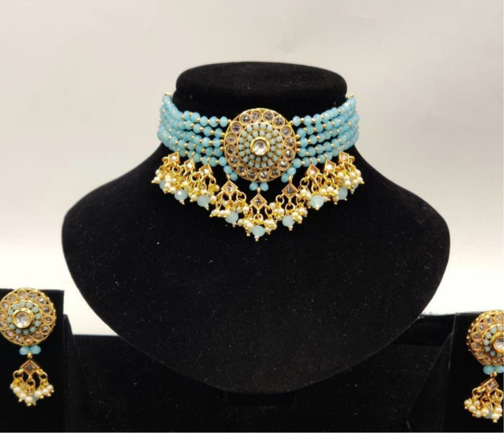 Baby Blue Collar Moti Choker Set