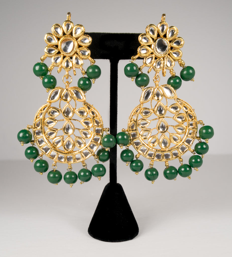 Emerald Green & Gold Long Kundan Earrings (2Pc)