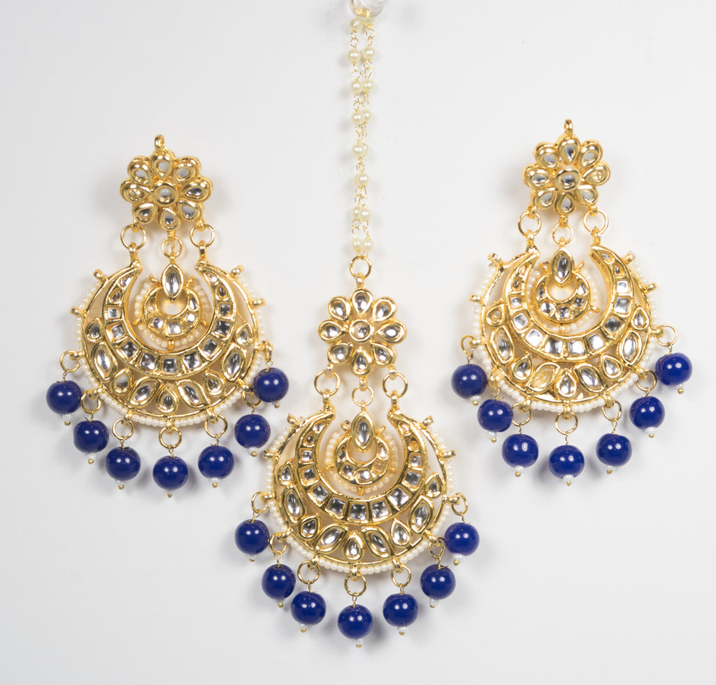 Gold & Navy Chandbali Set Earring Tikka (3Pc)