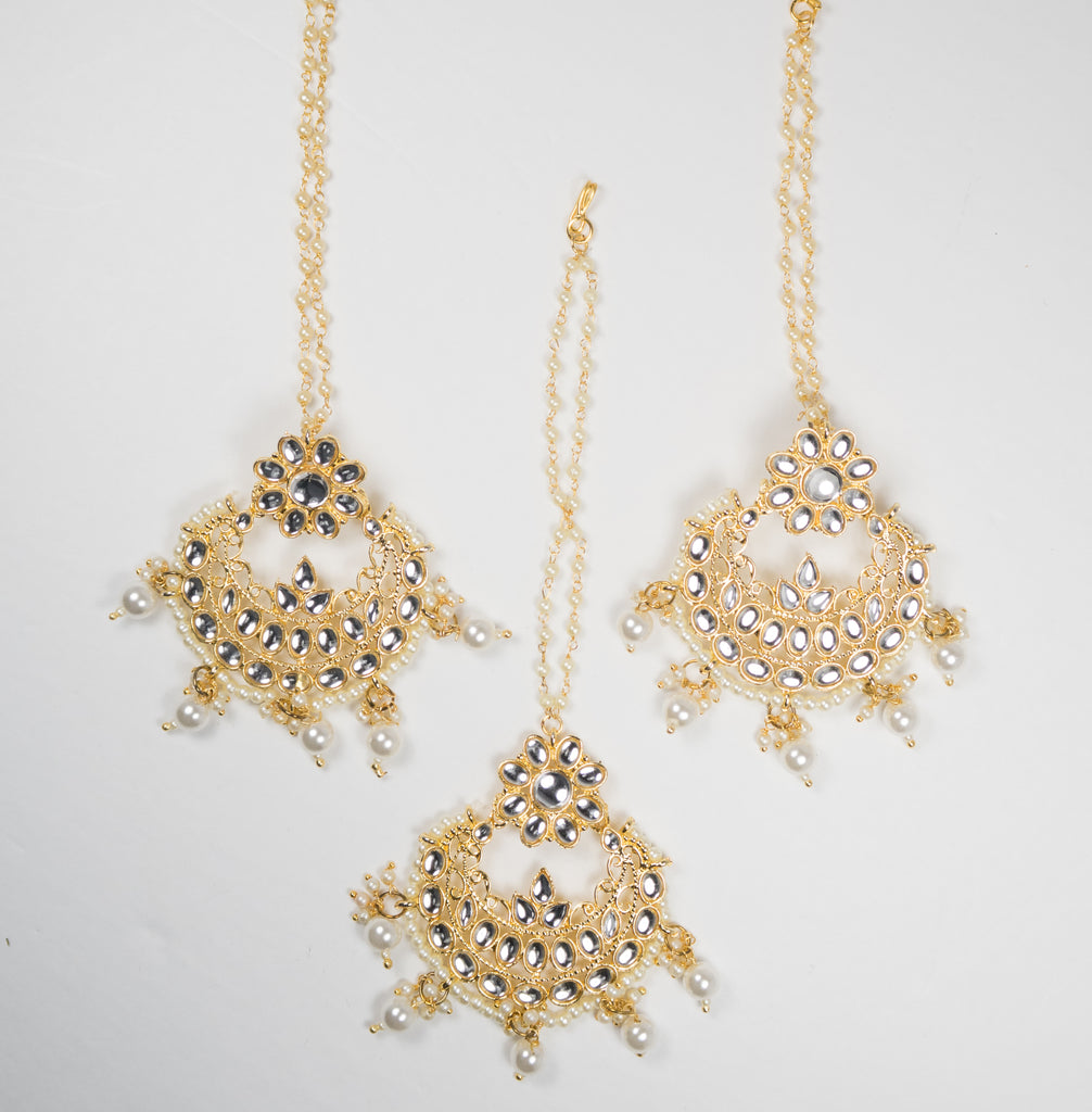 Gold Kundan Set With Pearls Earring & Tikka (3Pc)
