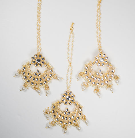 Gold Kundan Set With Pearls Earring & Tikka (3Pc)