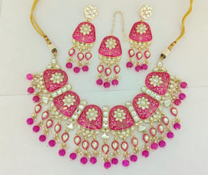 Hot Pink Kundan Meenakari Necklace Set