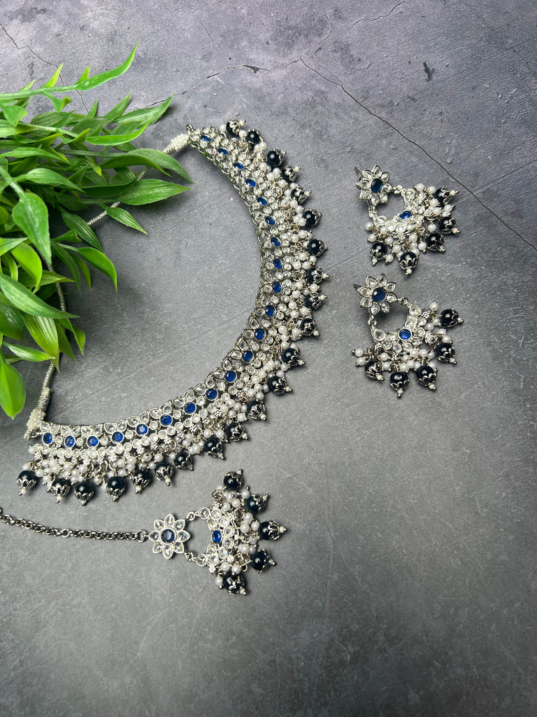 Blue And Silver Polki Choker Set Punjabi Jewel House